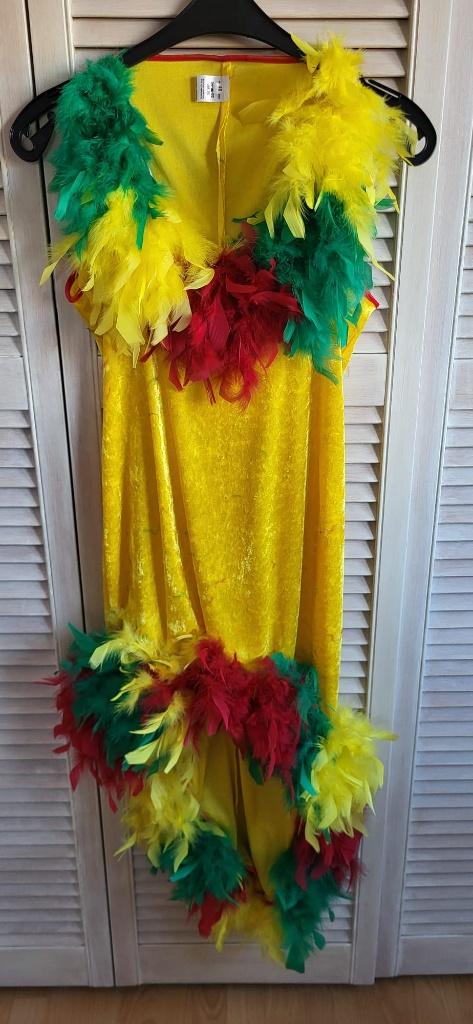 Gele jurk met veren in het groen, rood en geel, Carnaval, Maat 42/44 (L), Ophalen of Verzenden, Kleding