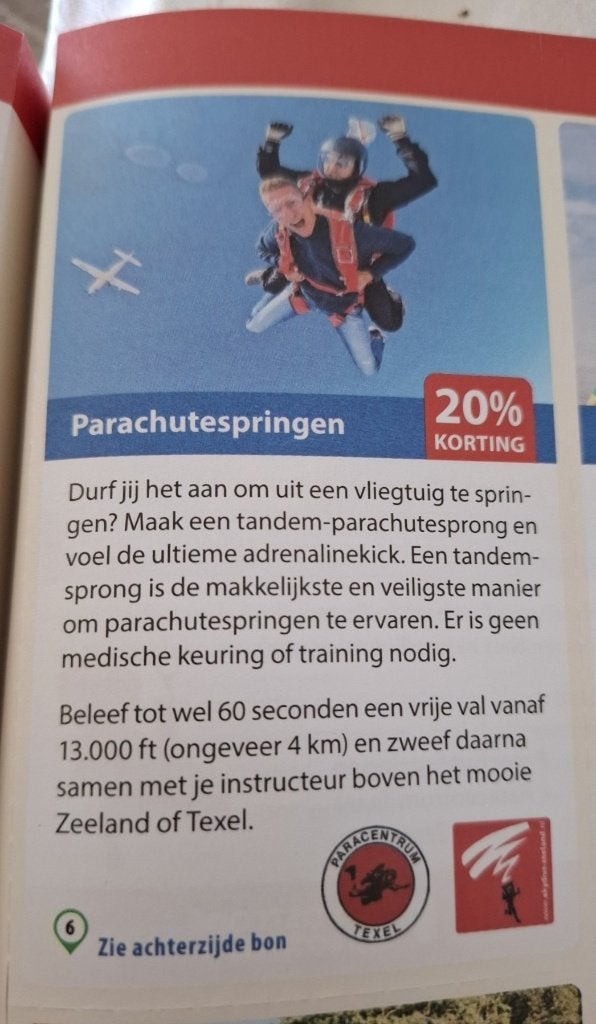 Parachutespringen Skydive of Paracentrum 20% kortingscode, Eén persoon, Kortingsbon, Warenhuis- of Winkelbon
