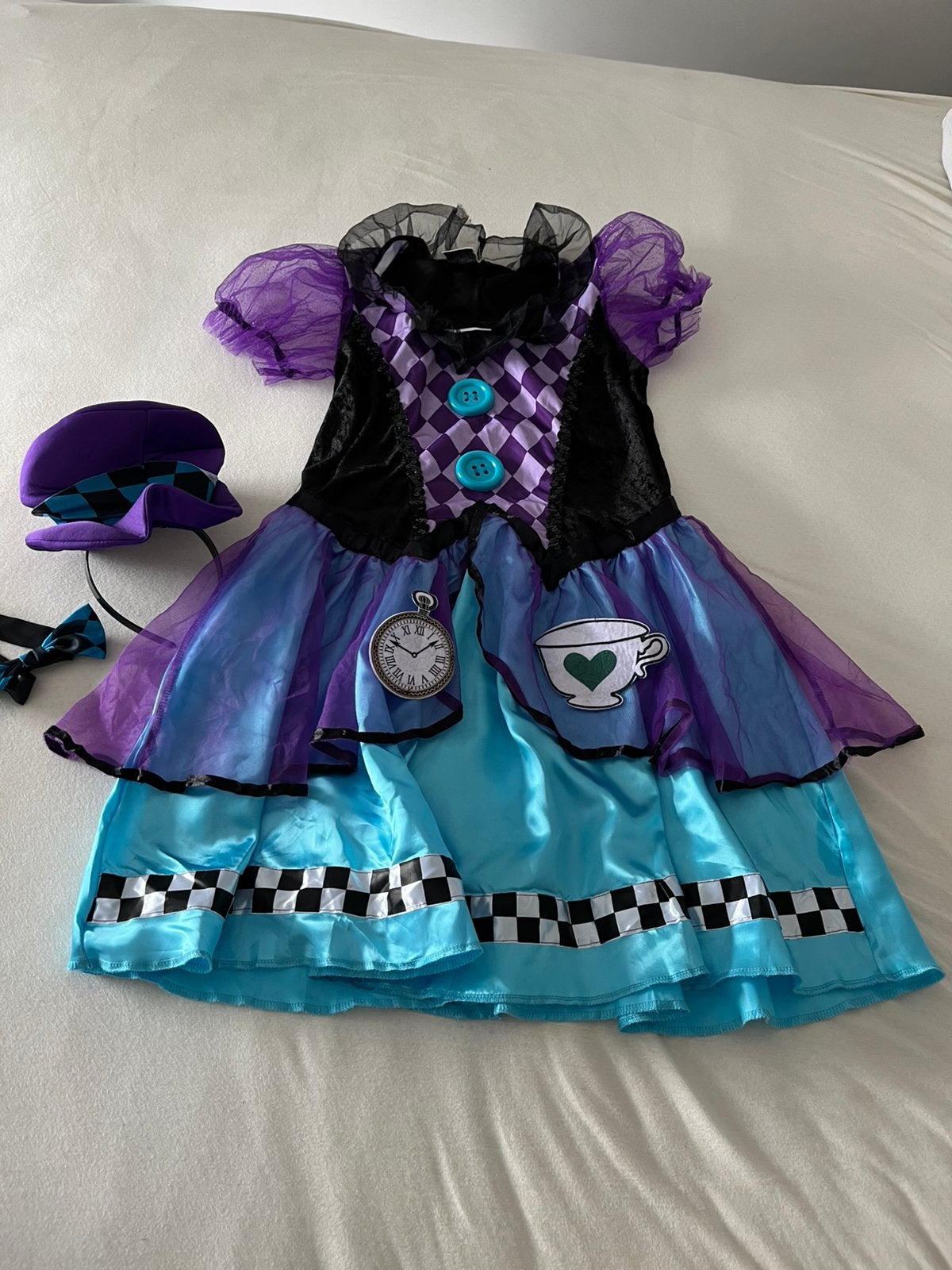 Mad hat jurkje met accessoires, Maat 38/40 (M), Carnaval, Ophalen of Verzenden, Zo goed als nieuw
