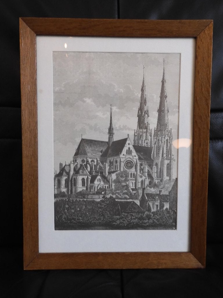 kunstdruk St.-Catharinakerk Eindhoven (1980) in houten lijst, Verzamelen, Foto's en Prenten, Gebruikt, Prent, Gebouw, 1980 tot heden