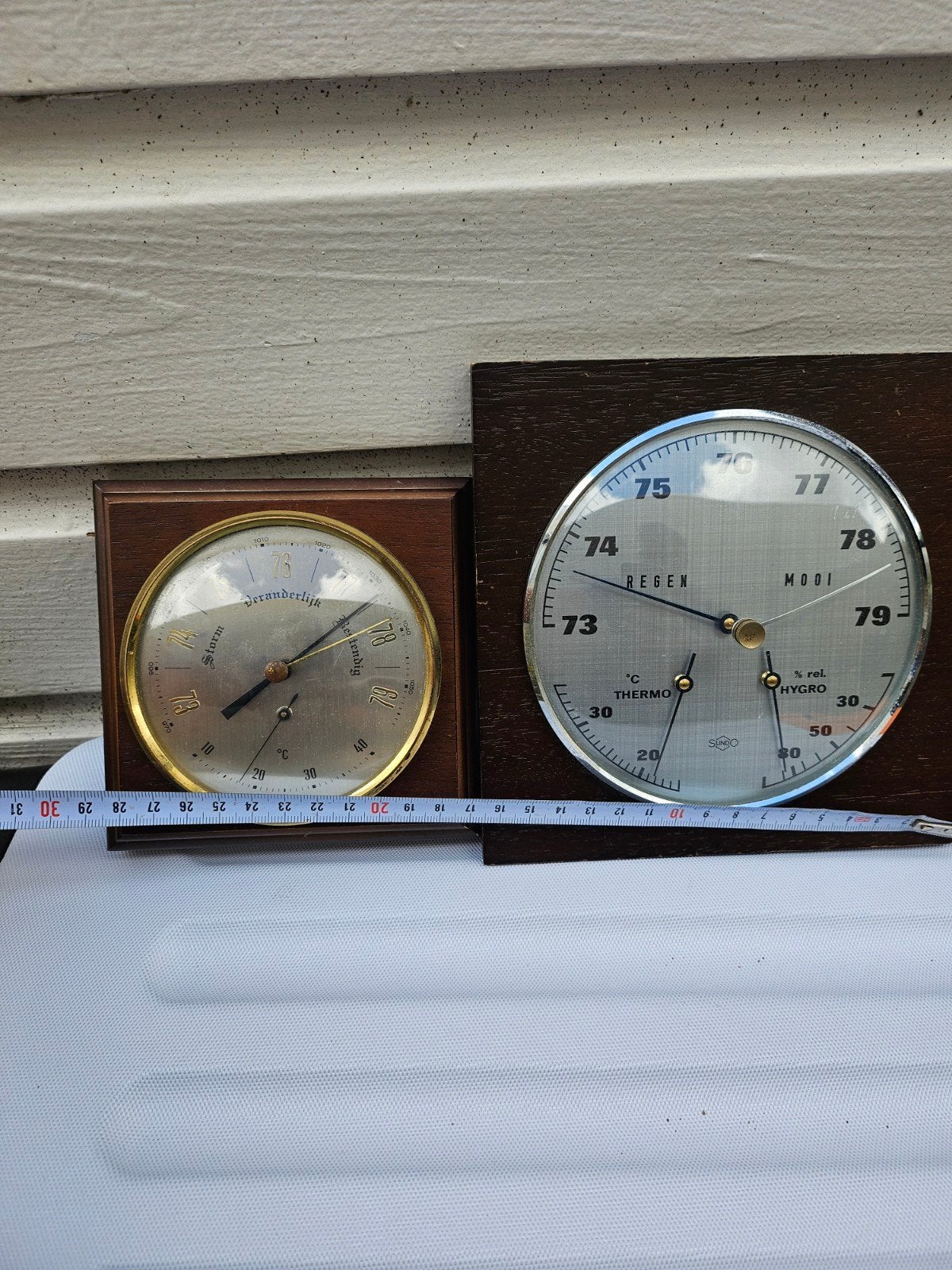 2 Vintage Barometer en Weerstation Set - Hout en Messing, Verzenden, Gebruikt, Weerstation