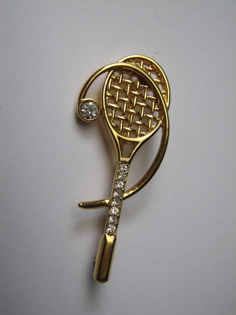 Broche tennisracket met rijnsteentjes 6.9x2.9, Verzenden, Zo goed als nieuw, Goud, Overige materialen