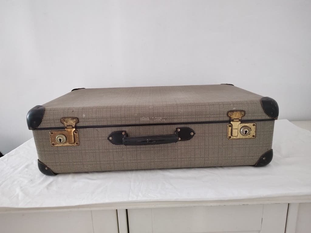 K779 VINTAGE jaren 50 koffer van geperst karton, Sieraden, Tassen en Uiterlijk, 60 tot 70 cm, Overige materialen, Gebruikt, Onbekend