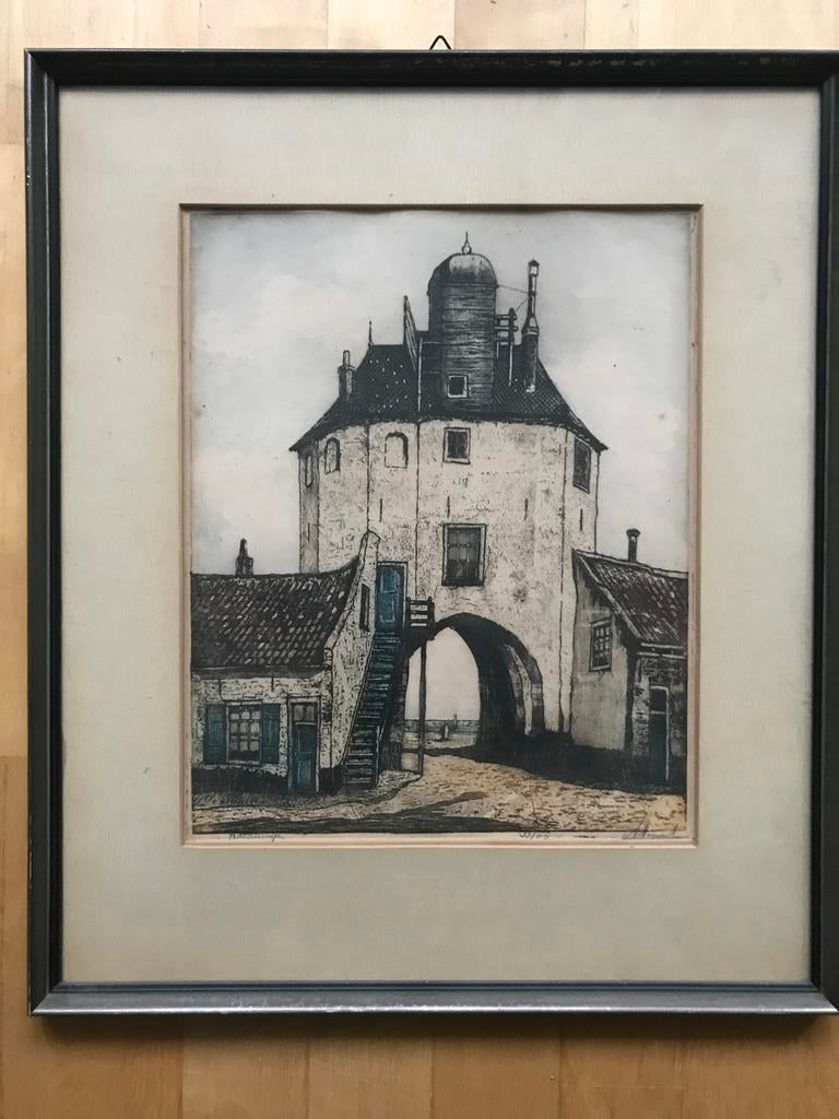 De Vispoort van Harderwijk - Ets, Antiek en Kunst, Kunst | Etsen en Gravures, Ophalen of Verzenden