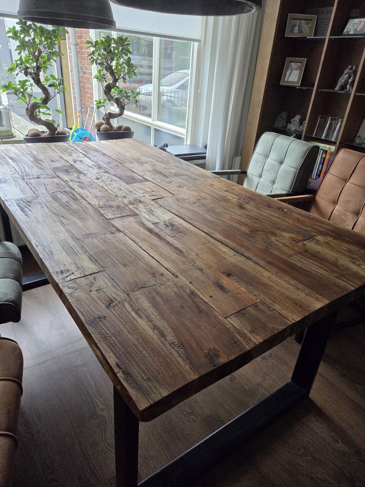 Robuuste eettafel van gerecycled hout met metalen poten, Gebruikt, 50 tot 100 cm, 150 tot 200 cm, Rechthoekig