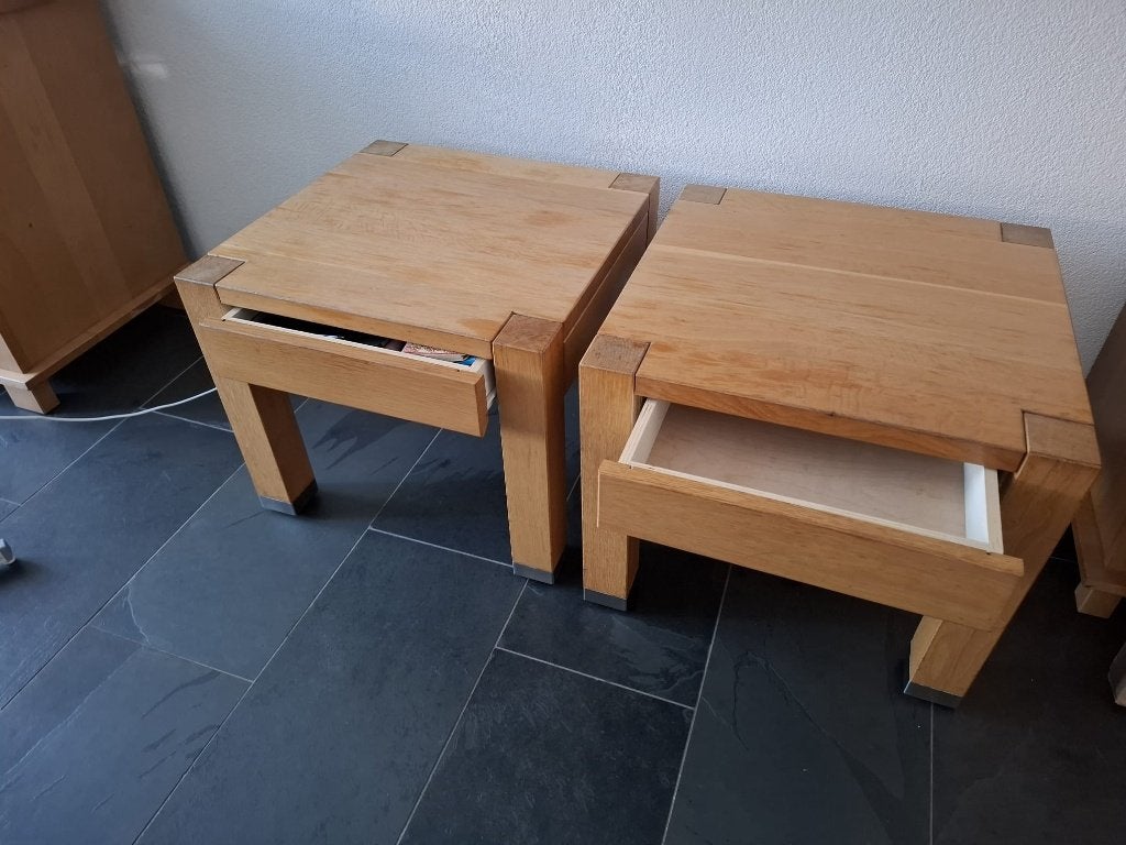 3 Eiken salontafels 2 met lade, 1 zonder lade, Ophalen, Gebruikt, 50 tot 100 cm, 50 tot 100 cm