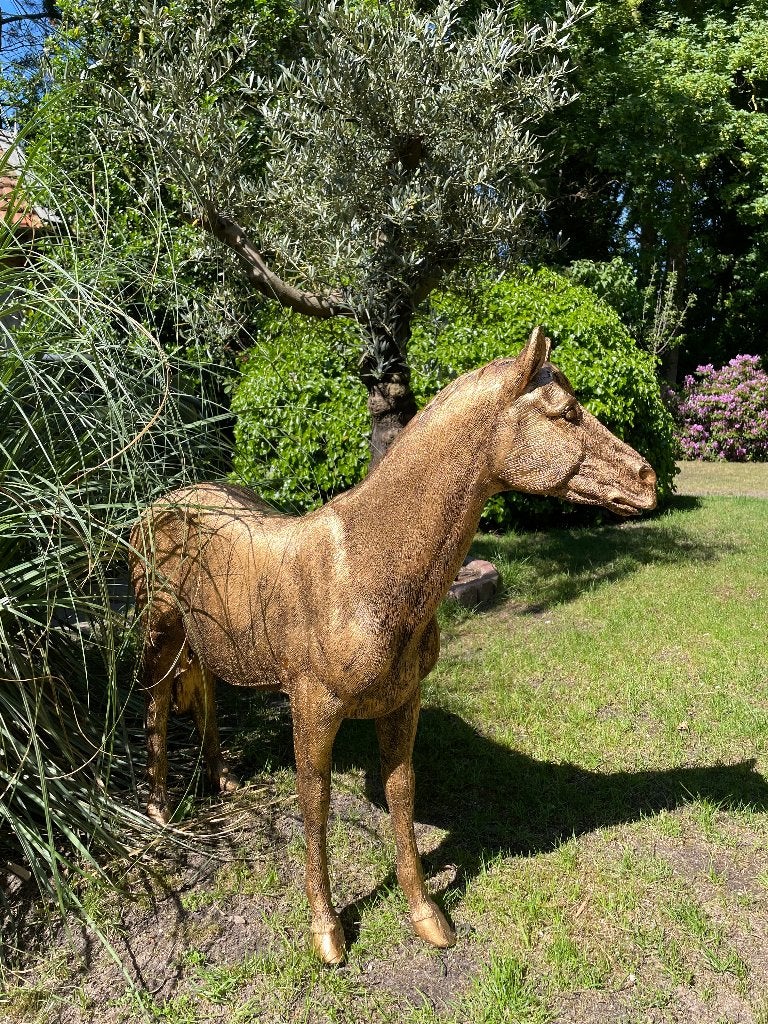 Beeld Paard antiek goud, pony, rijles, manege 100cm, Ophalen, Nieuw, Kunststof, Dierenbeeld