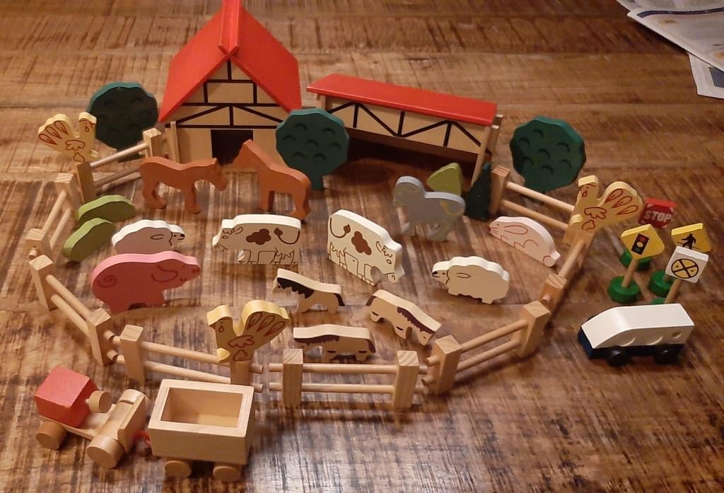 Vintage houten boerderij met figuren dieren, Ophalen of Verzenden