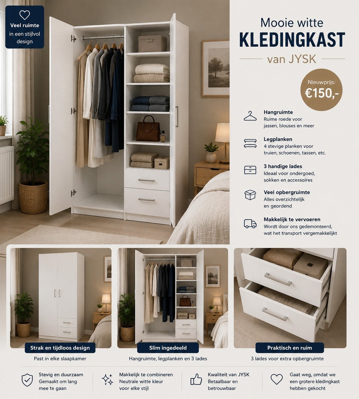 Hang/leg kleding kast JYSK - Zo goed als nieuw!, Gebruikt, 100 tot 150 cm, 150 tot 200 cm, Overige houtsoorten