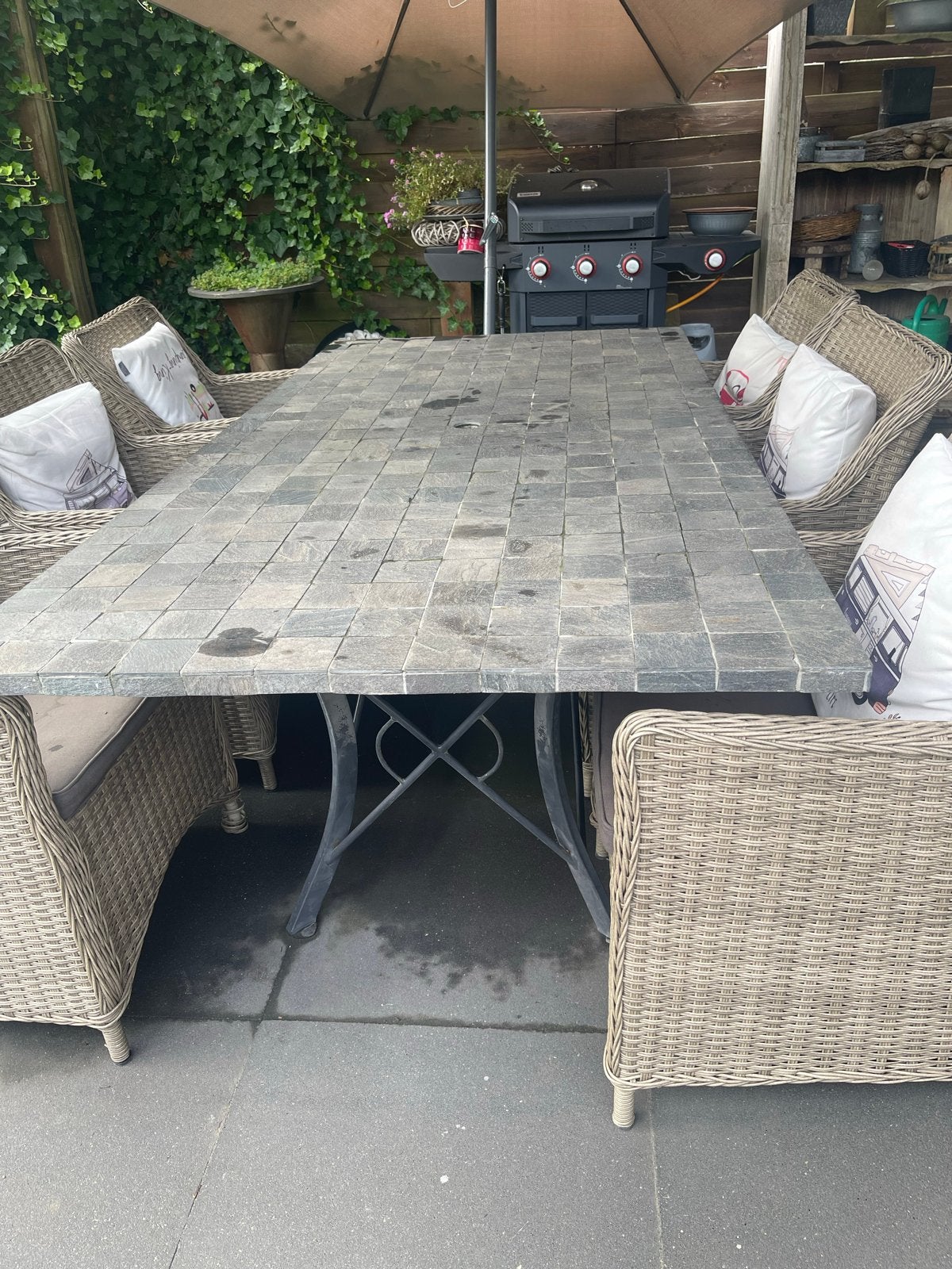 Grote tuintafel met natuurstenen blad (Leisteen), Ophalen, Gebruikt, Rechthoekig, Overige materialen