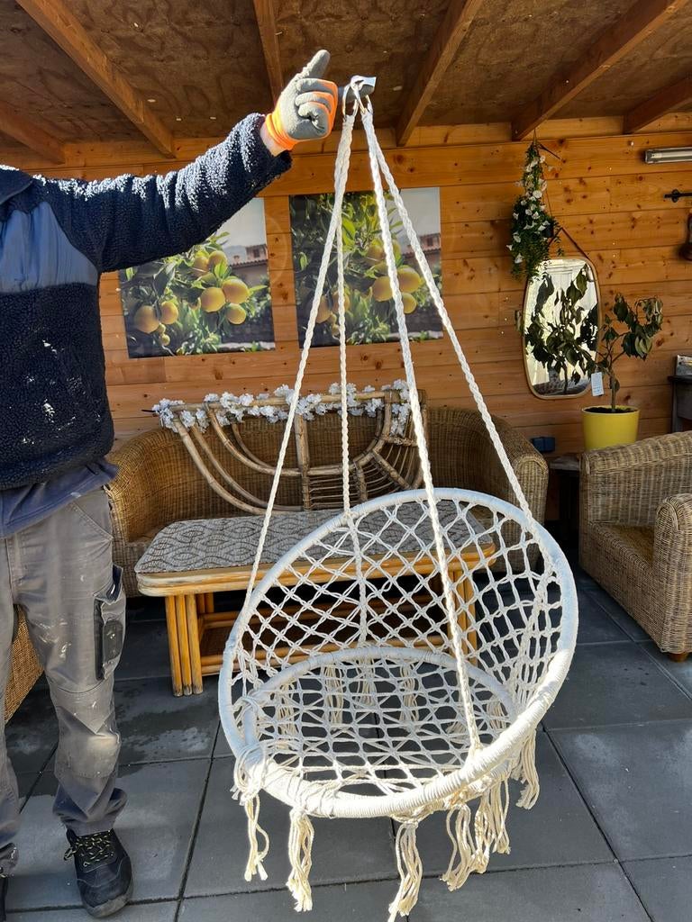 Macramee hangstoel met vliegengordijn, Tuin en Terras, Hangmatten, Opvouwbaar, Ophalen of Verzenden, Zo goed als nieuw, Eenpersoons