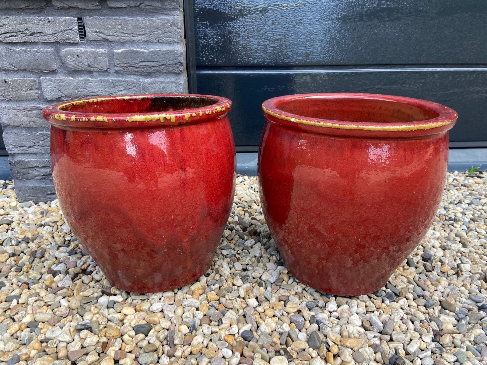 2 grote donkerrode geglazuurde bloempotten terracotta, Gebruikt, Rond, Minder dan 40 cm, Ophalen