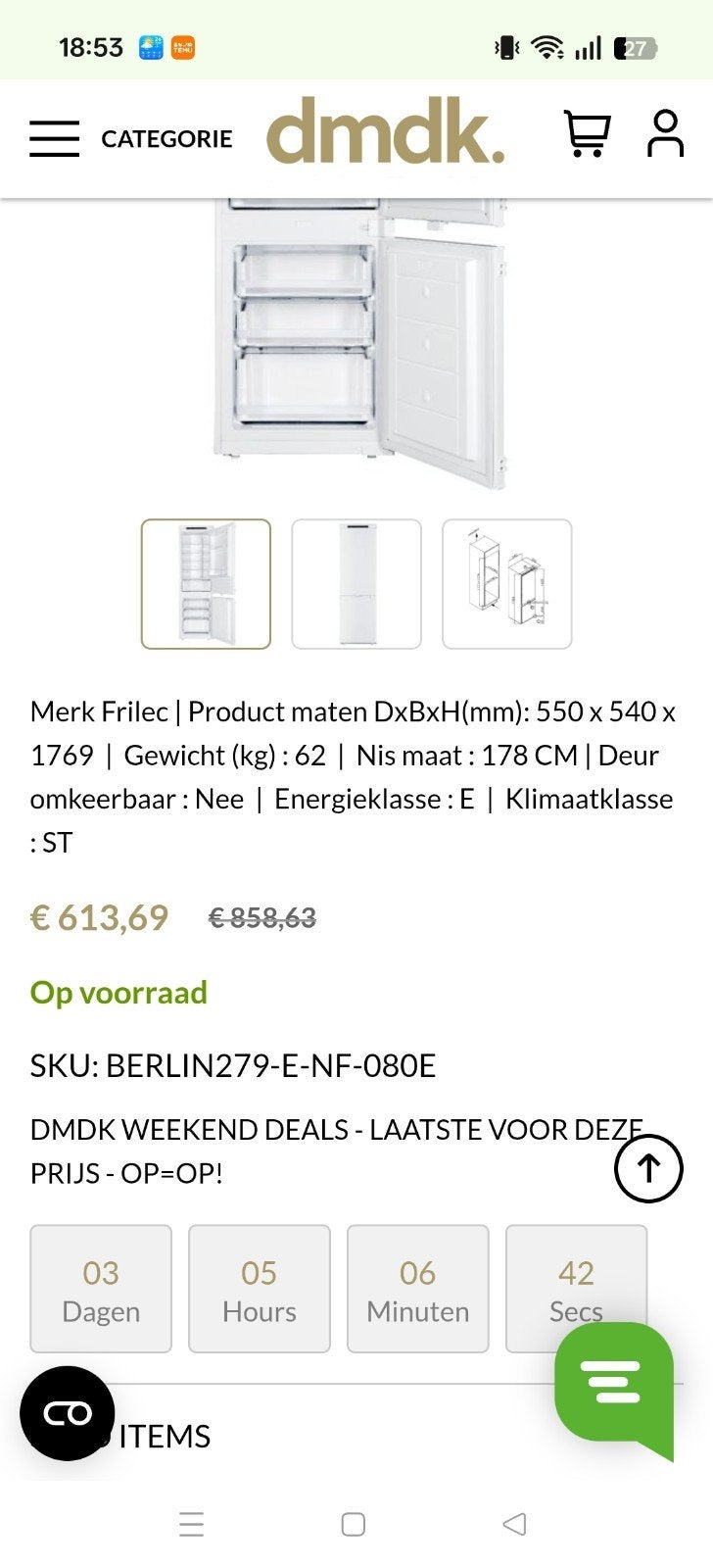 Frilec inbouw NO Frost  koelvries combinatie, Ophalen, 200 liter of meer, Met aparte vriezer, Nieuw