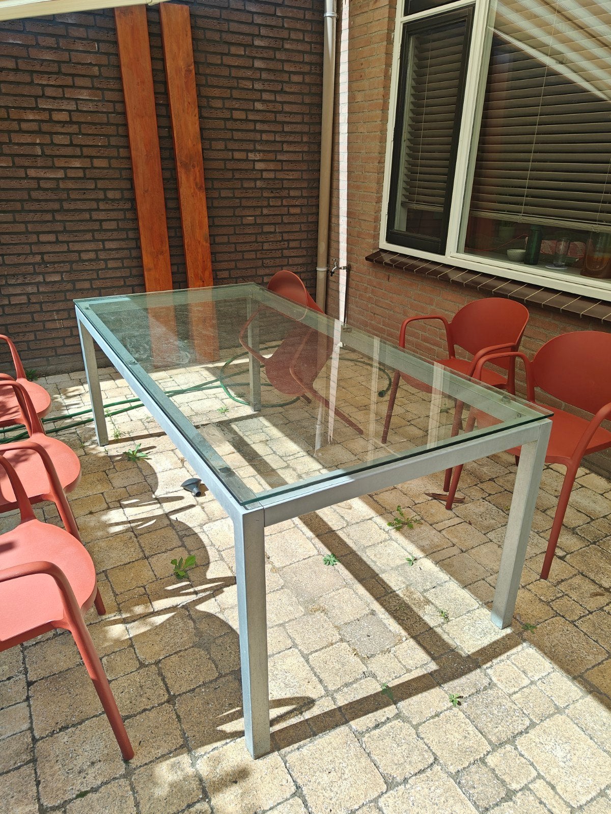 Glazen tuintafel / eettafel - 200x95x77 cm, Tuin en Terras, Tuintafels, Ophalen, Gebruikt, Rechthoekig, Metaal