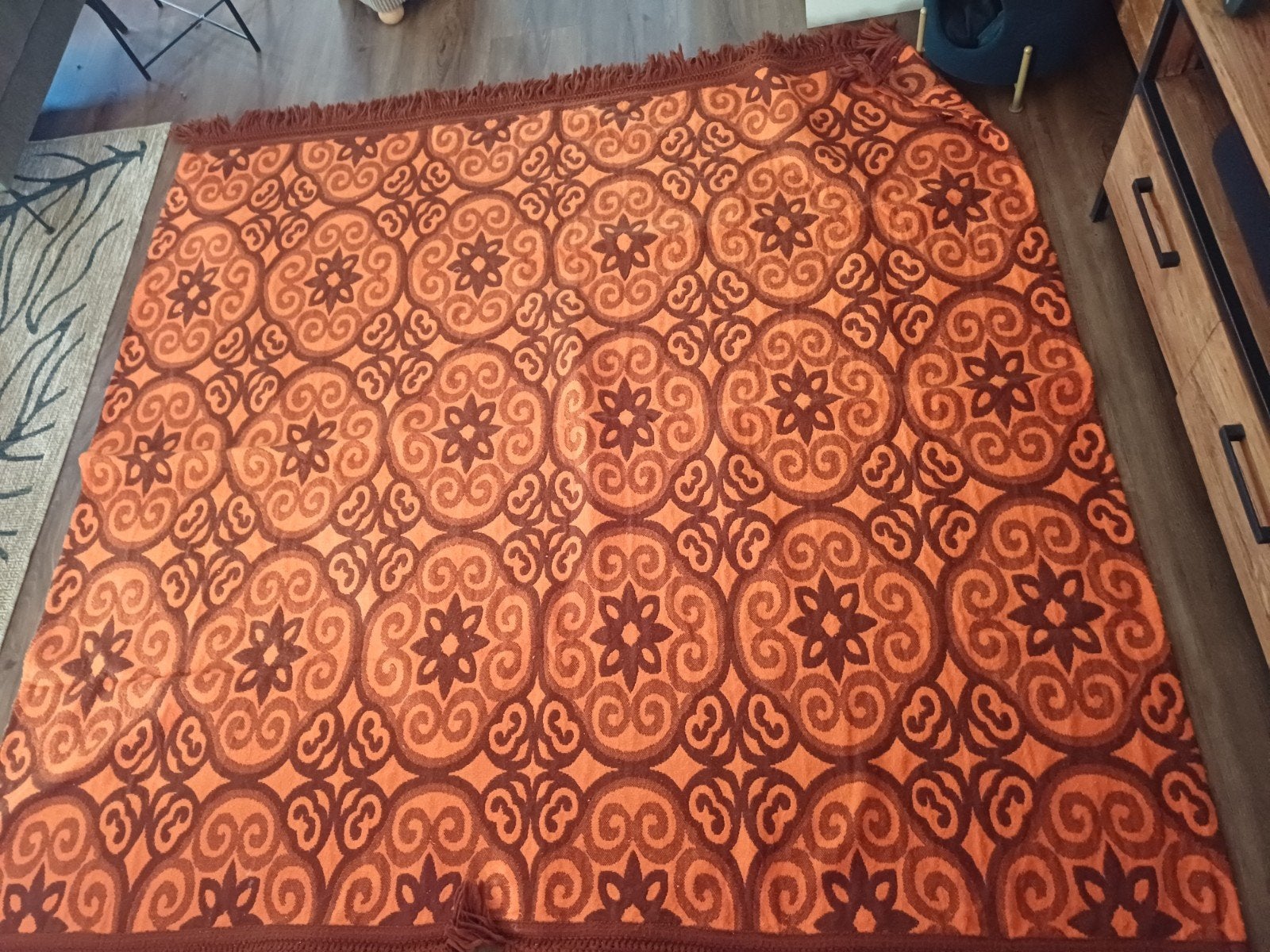 Vintage Aabe Dralon deken - Oranje/Bruin met patroon, Ophalen of Verzenden, Gebruikt, Eenpersoons, Deken of Dekbed