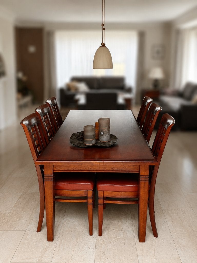 Massief eiken eettafel 190 cm + 6 leren stoelen, Huis en Inrichting, Tafels | Eettafels, Ophalen, Gebruikt, Landelijk / tijdloos