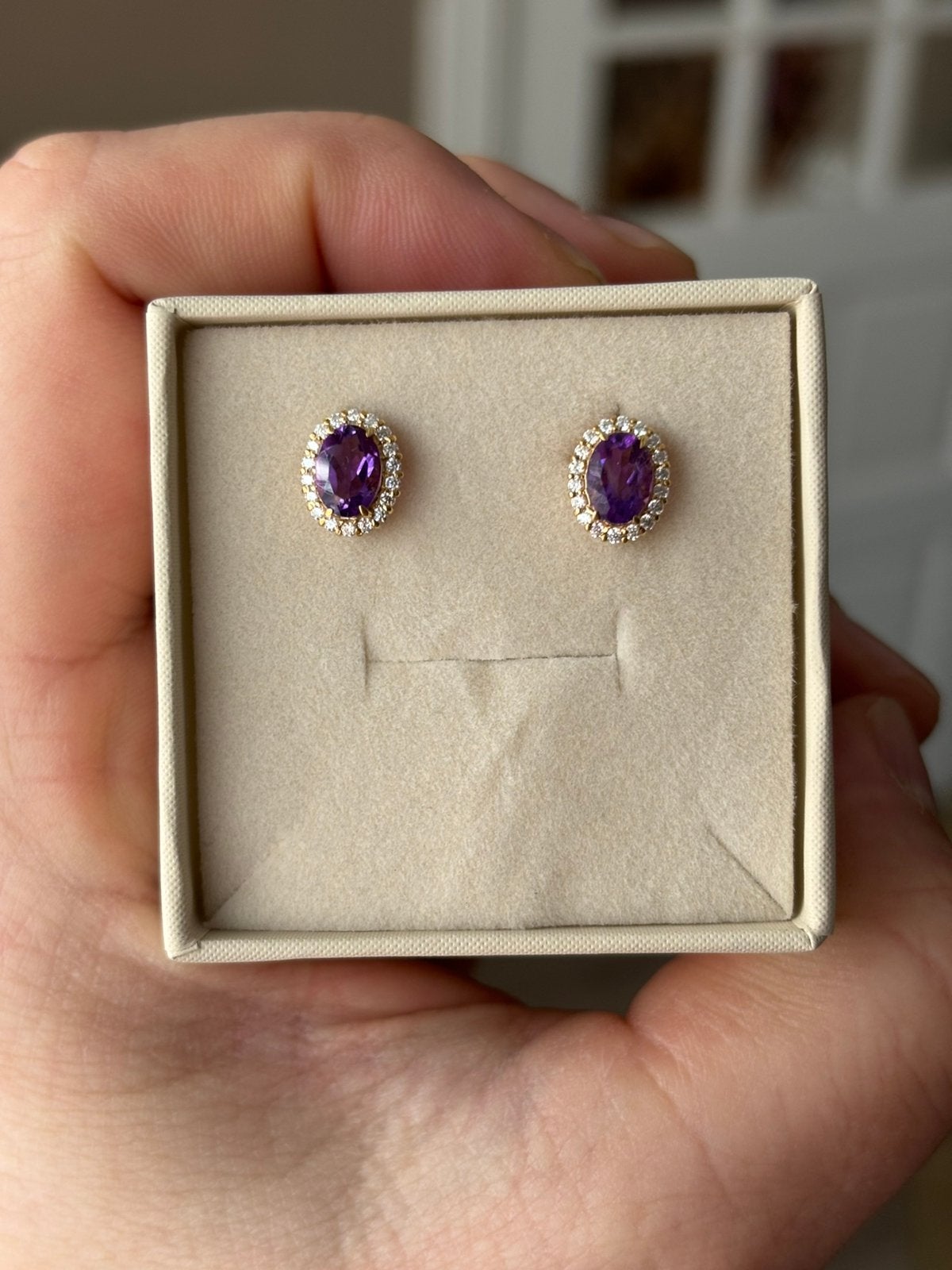 Gouden oorbellen met amethist en diamanten, Sieraden, Tassen en Uiterlijk, Oorbellen, Ophalen of Verzenden
