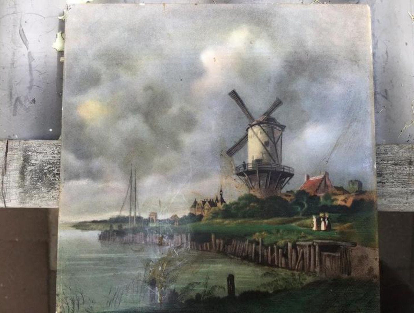 Tegel met afbeelding van molenlandschap., Antiek en Kunst, Ophalen of Verzenden