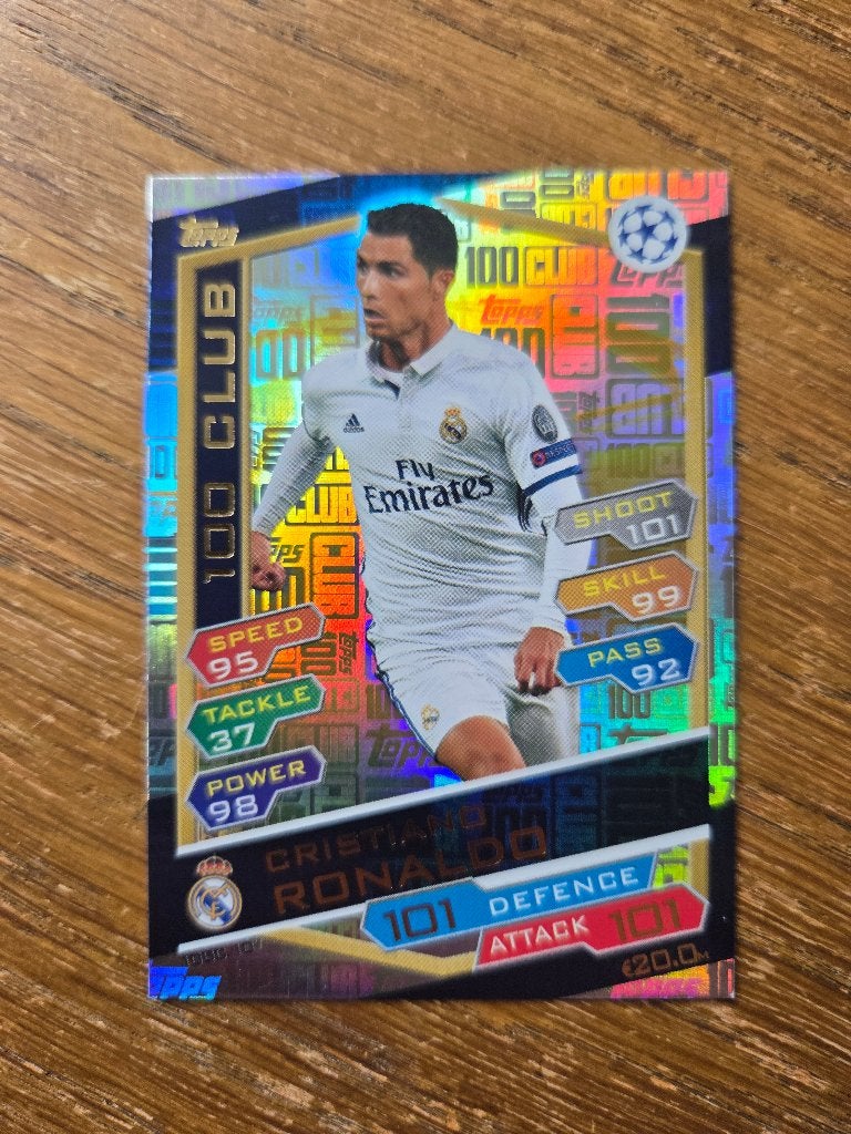 Cristiano Ronaldo Real Madrid 100 Club Topps 2016-2017, Ophalen of Verzenden, Zo goed als nieuw, Losse kaart, Foil