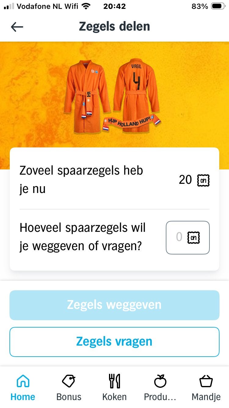 20 zegels voor WKamerjas AlbertHein, Hobby en Vrije tijd, Spaarzegeltjes, Ophalen of Verzenden, Winkel, Super of Benzinepomp, Volle spaarkaart