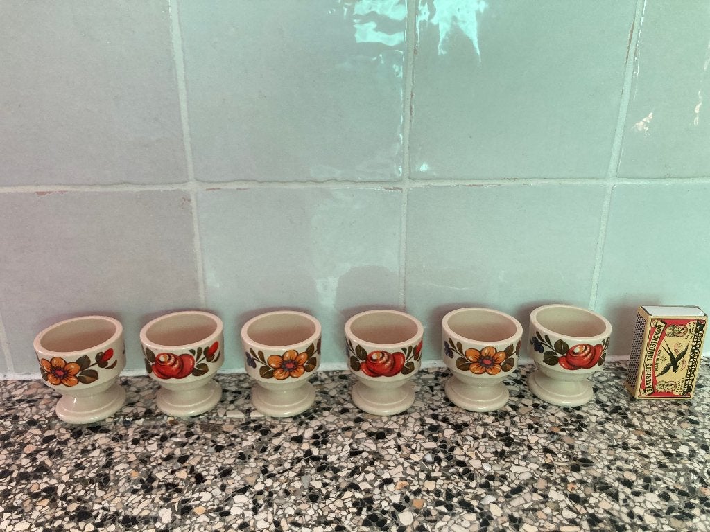 6 Emsa seventies eierschaaltjes vintage retro eierdopjes, Overige typen, Kunststof, Ophalen of Verzenden, Zo goed als nieuw