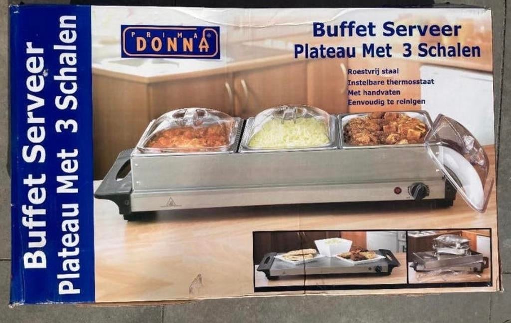 Prima Donna Buffet-Serveer plateau met rechaud, 3 pannen, Witgoed en Apparatuur, Ophalen, Zo goed als nieuw