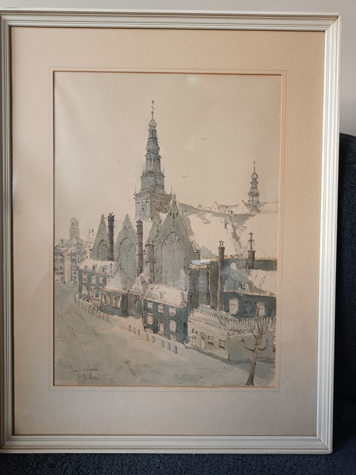 Reproductie ets: Winterzicht op De Oude Kerk, Amsterdam, Antiek en Kunst, Kunst | Etsen en Gravures, Ingelijst, Ets, Ophalen of Verzenden