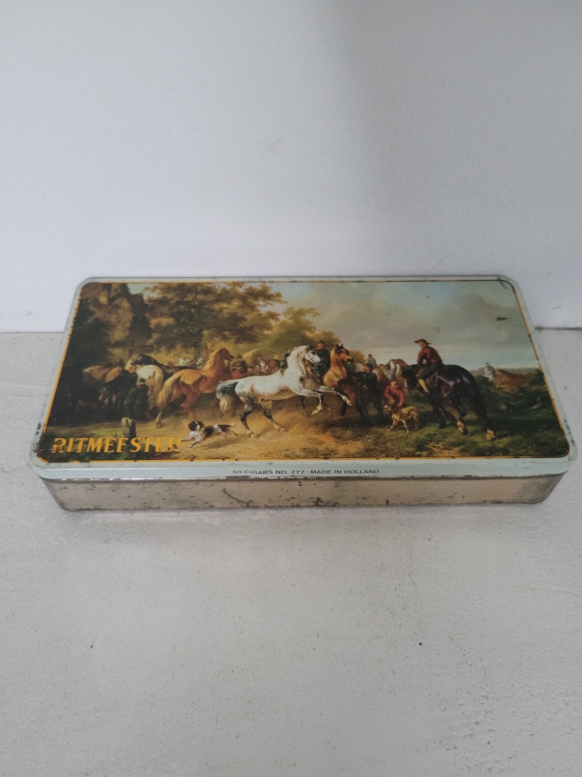Vintage Ritmeester sigarenblik met paardenprint, Ophalen of Verzenden