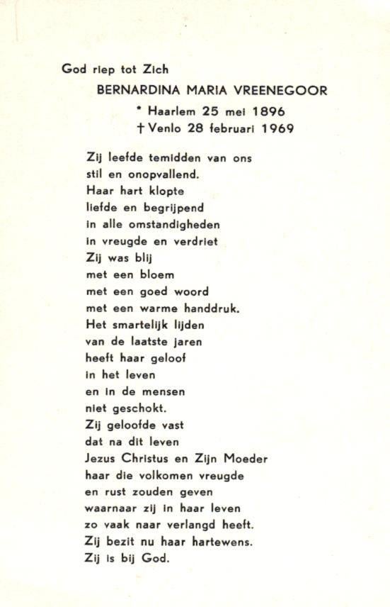 Vreenegoor Bernardina Maria Haarlem 1896-1969 Venlo, Verzamelen, Bidprentjes en Rouwkaarten, Ophalen of Verzenden