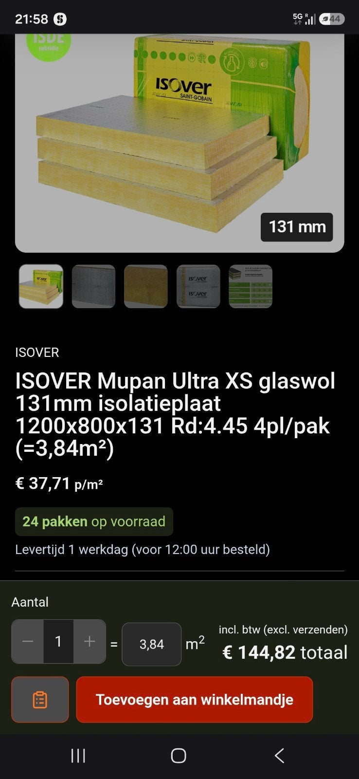 2 Pallets ISOVER Mupan Ultra XS Glaswol 131mm Isolatieplaat, Doe-het-zelf en Verbouw, Isolatie en Afdichting, Ophalen of Verzenden