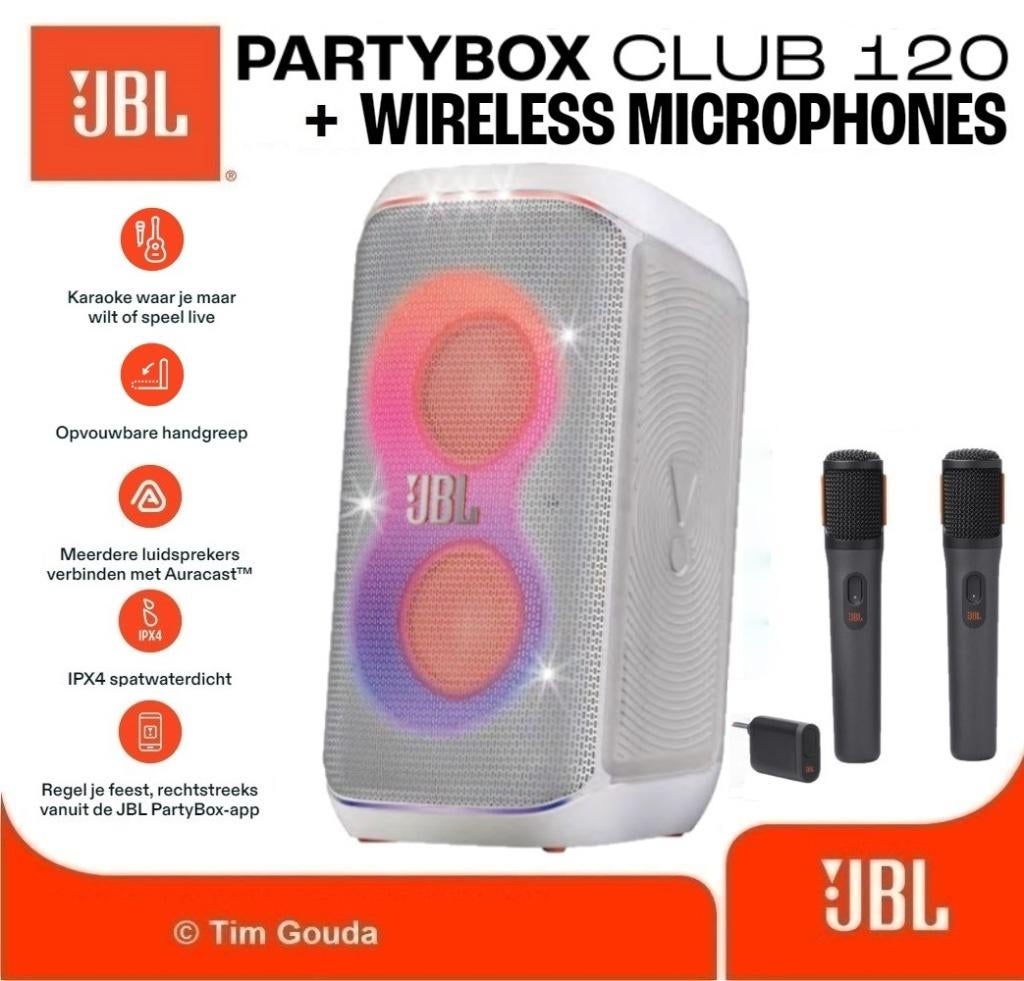 ✅ JBL Partybox Club 120 Wit + Wireless Microfoonset - NIEUW, Ophalen of Verzenden, Nieuw, 120 watt of meer, JBL