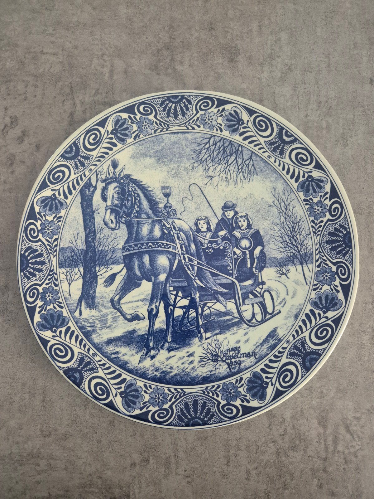 Delfts Blauw Wandbord - Wintertafereel met Paard en Sleetje, Ophalen of Verzenden