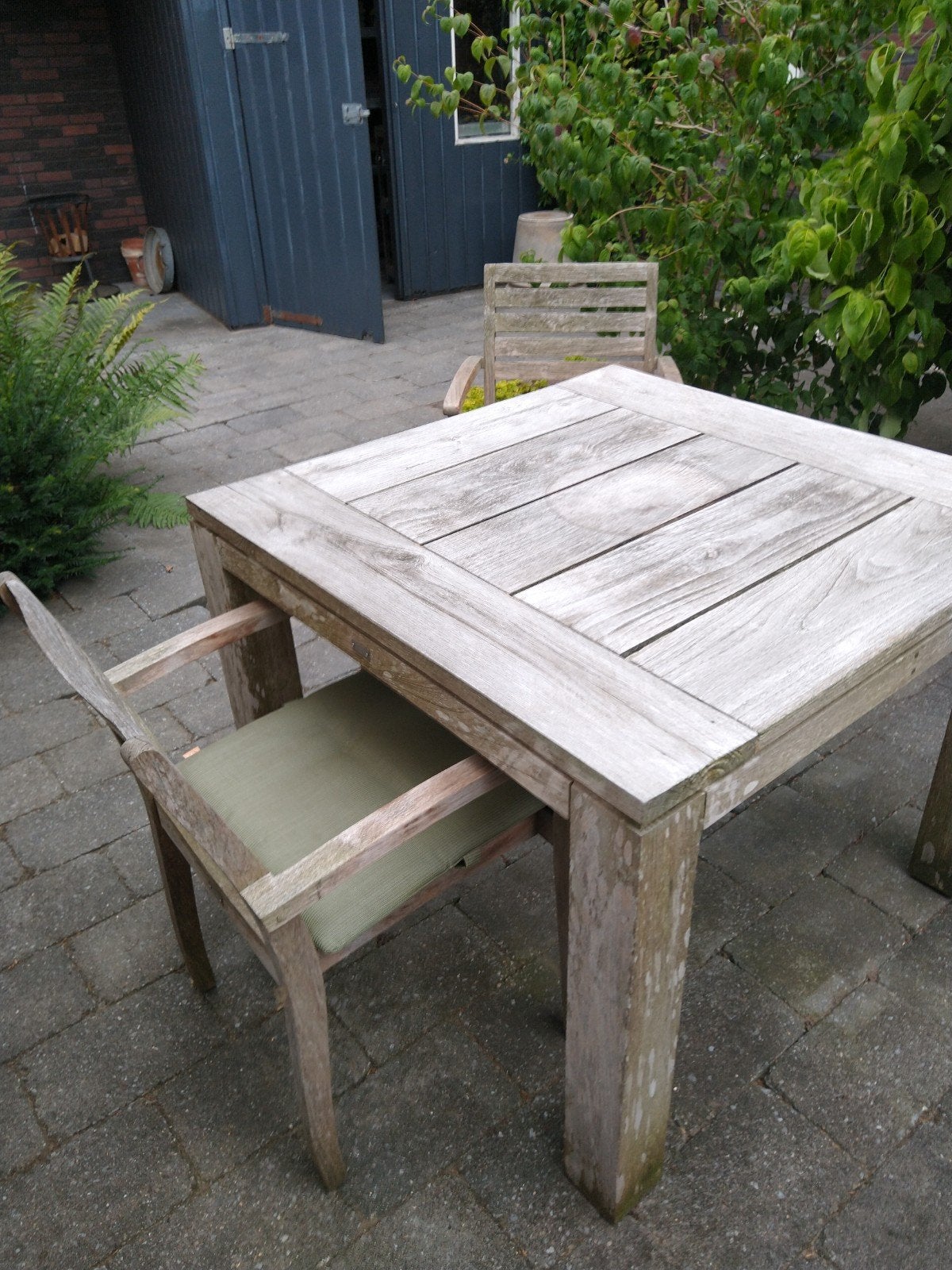Teakhouten tuinset 100x100 met 2 stoelen en kussens, Tuin en Terras, Tuinsets en Loungesets, Gebruikt, Teakhout, Tuinset, Eettafel