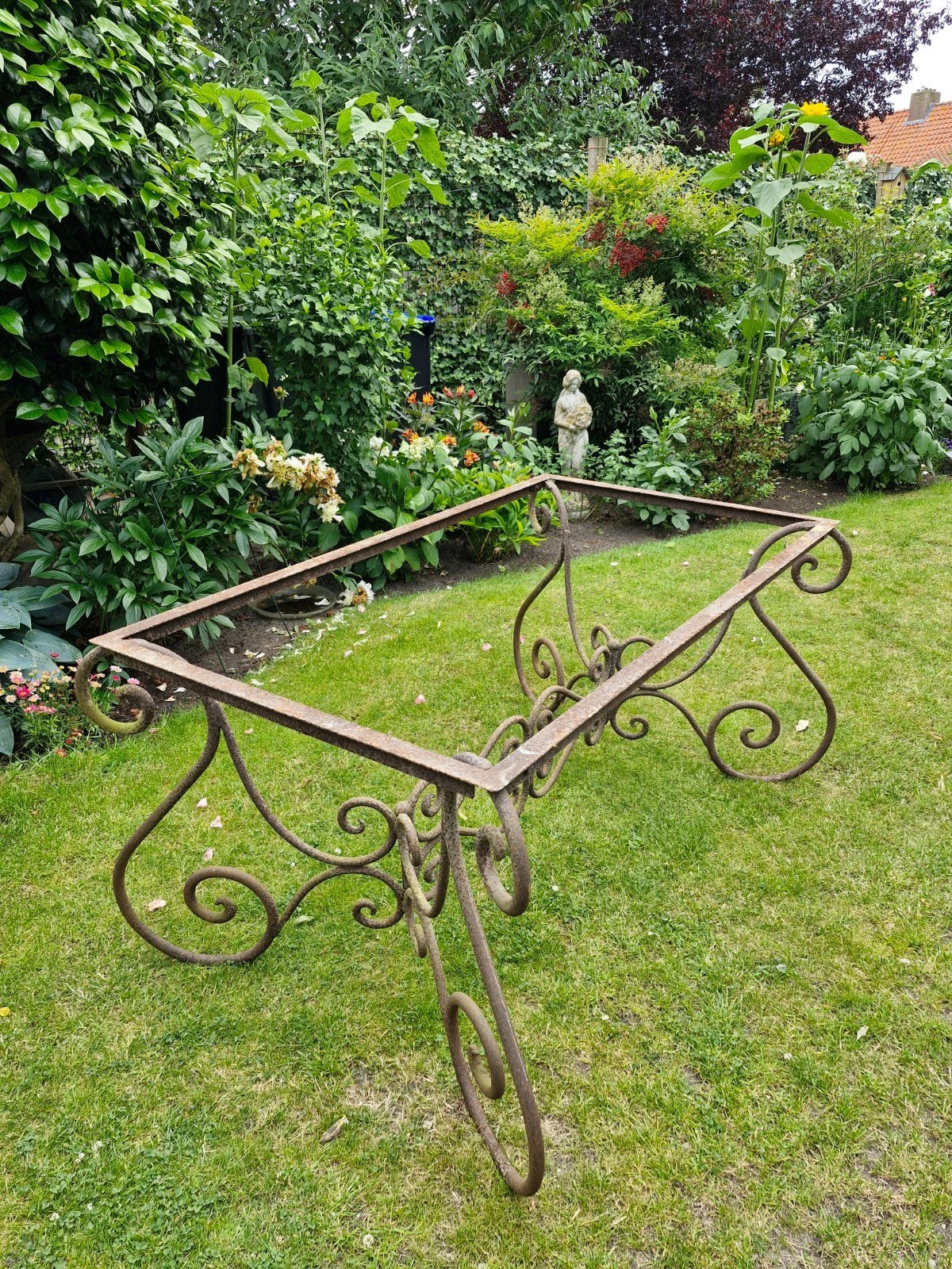Antiek smeedijzeren tafelonderstel tuintafel, Ophalen of Verzenden, Gebruikt, Rechthoekig, Metaal