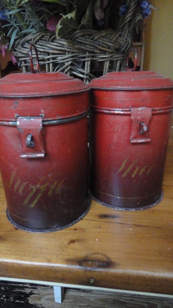 2 antieke RODE BLIKKEN met GOUDEN LETTERS - KOFFIE + THEE, Ophalen of Verzenden, Zo goed als nieuw, Koffie, Overige merken