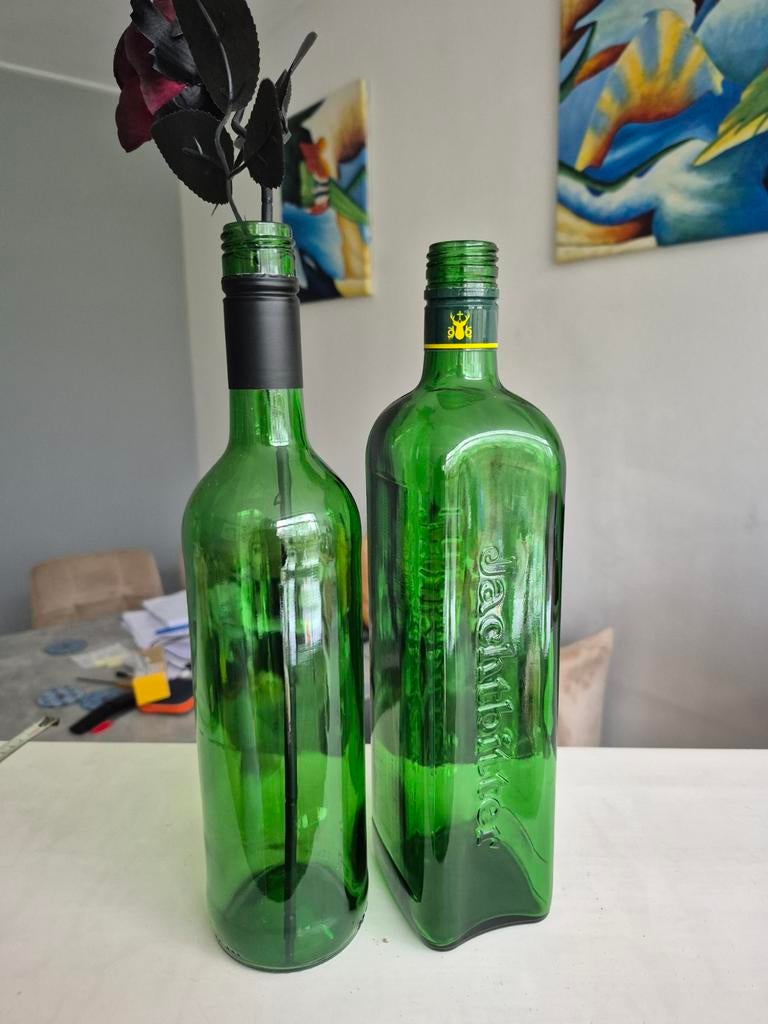 Groene glazen flessen - decoratief of voor hergebruik, Gebruikt, Ophalen of Verzenden, Glas, 75 cm of meer