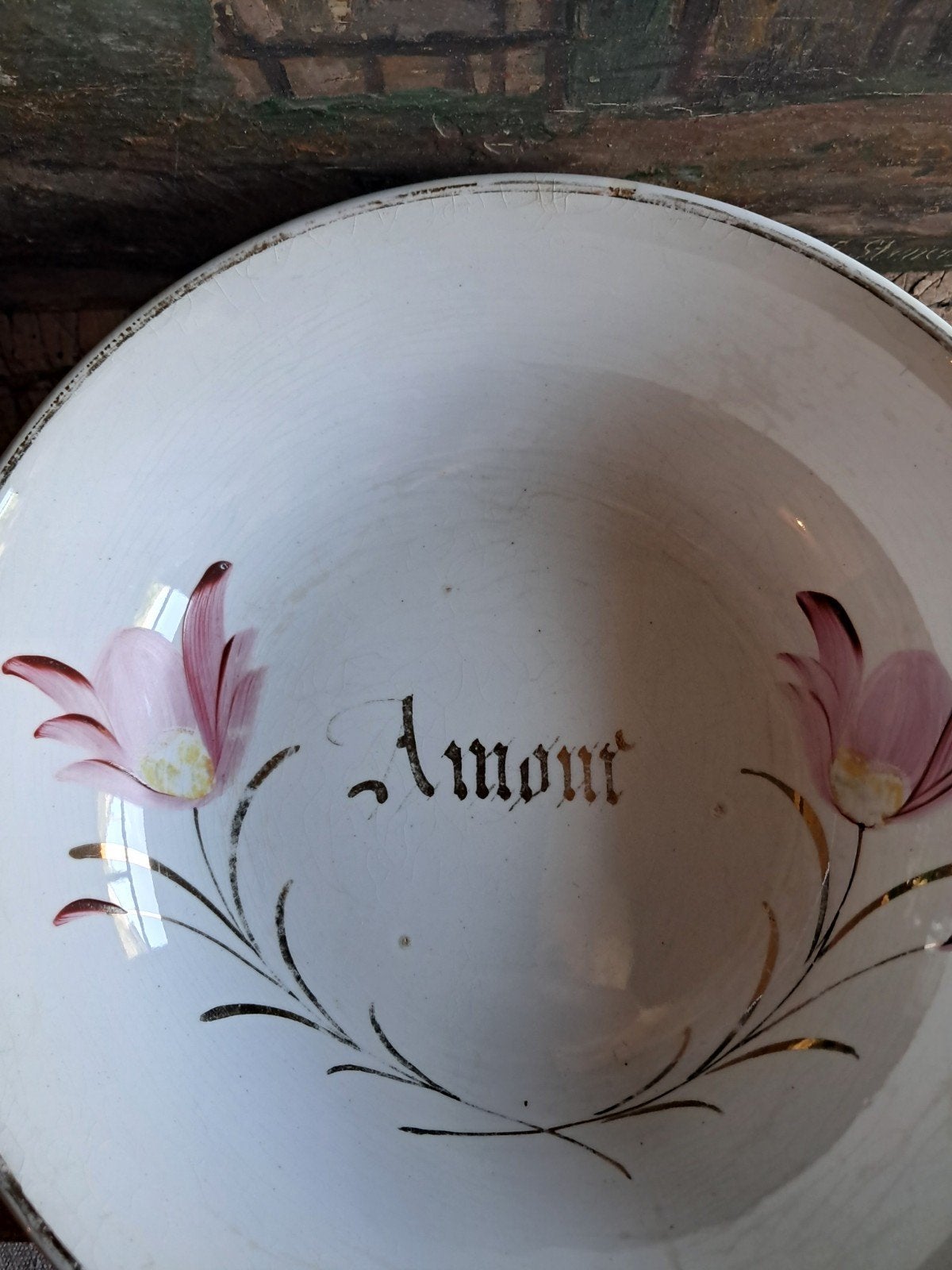 Petrus Regout Maastricht, "AMOUR" prachtige antieke schaal!, Ophalen of Verzenden