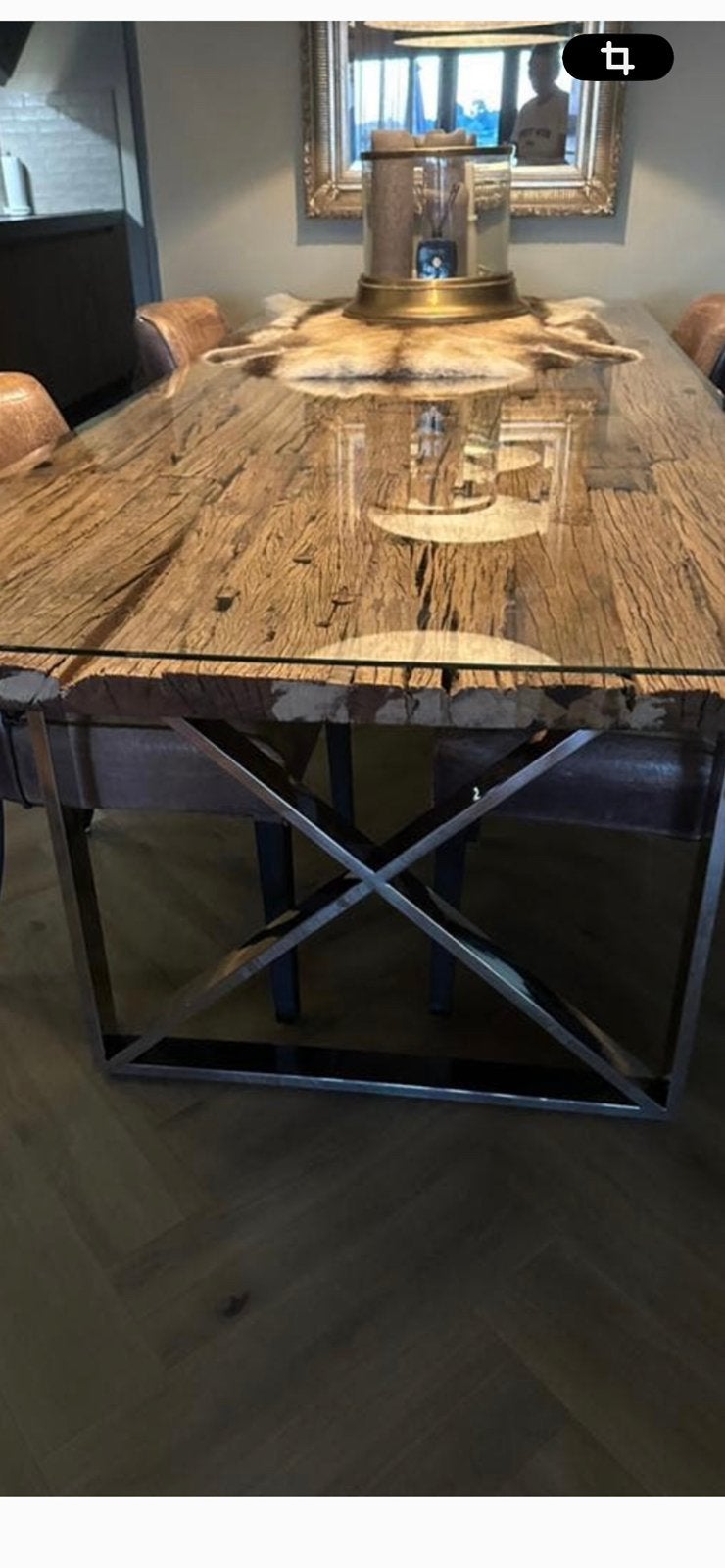 Robuuste Rofra Home eettafel van railwayhout met glazen blad, 100 tot 150 cm, 200 cm of meer, Zo goed als nieuw, Vijf personen of meer