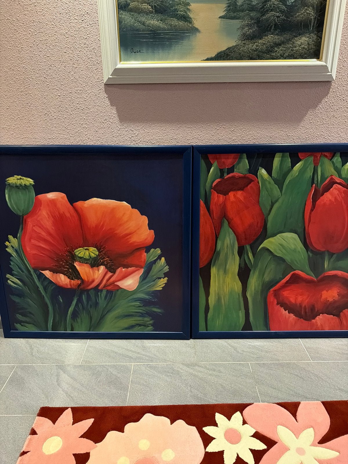 2 Grote Schilderijen: Klaproos en Tulpen (107x107 cm), Ophalen of Verzenden, Hout, Ingelijst, Bloemen