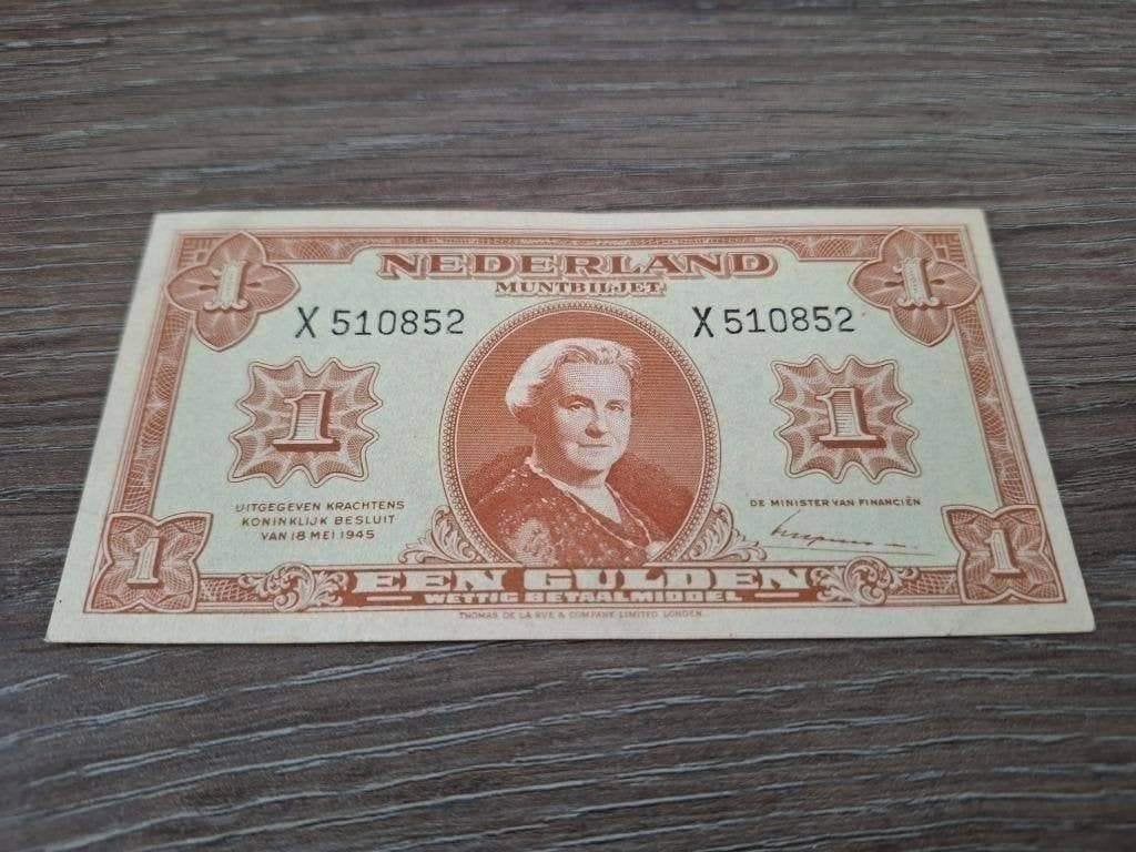 Vrijwel UNC biljet 1 gulden 1945, 1-lettervariant, 5mm serie, Ophalen of Verzenden