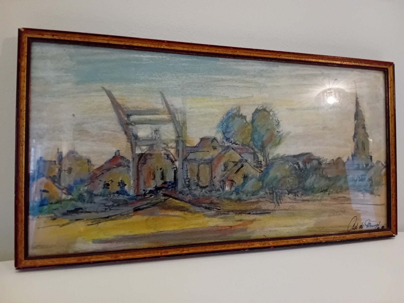 Pastel krijt tekening van een dorp, Ophalen of Verzenden