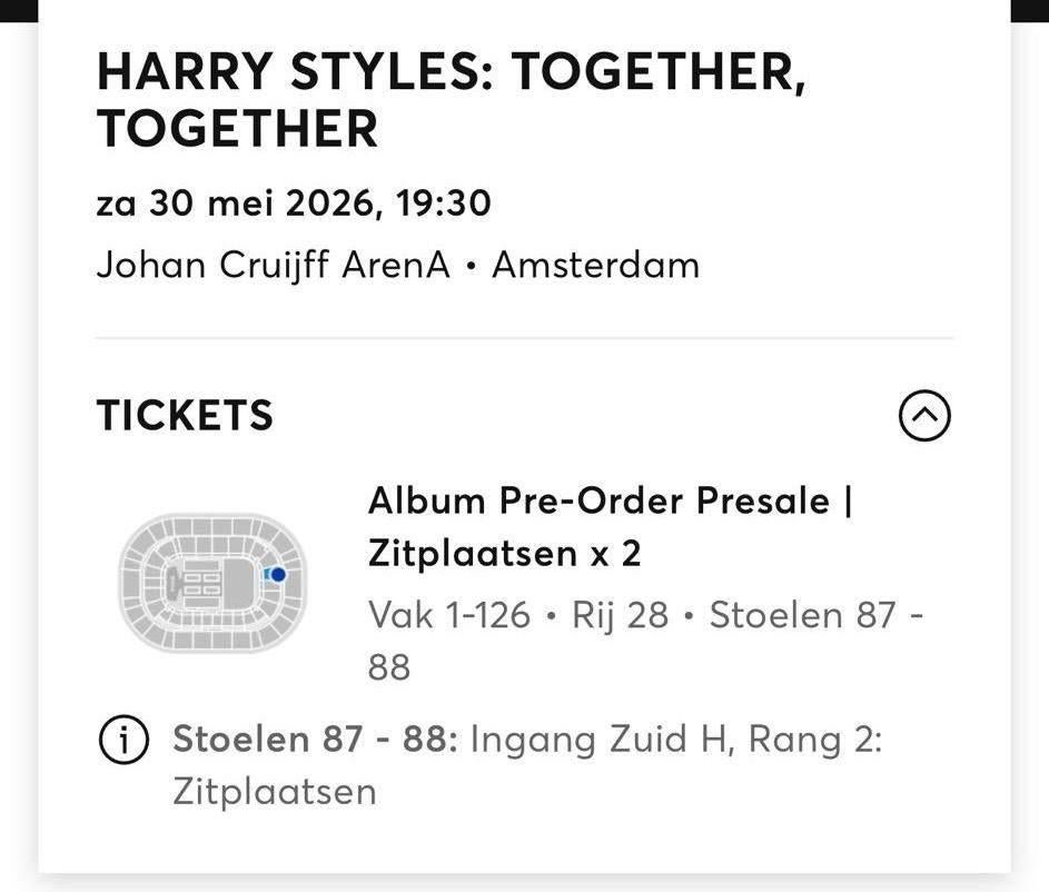 Harry Styles tickets - 30 mei - zitplaatsen, Twee personen, Mei
