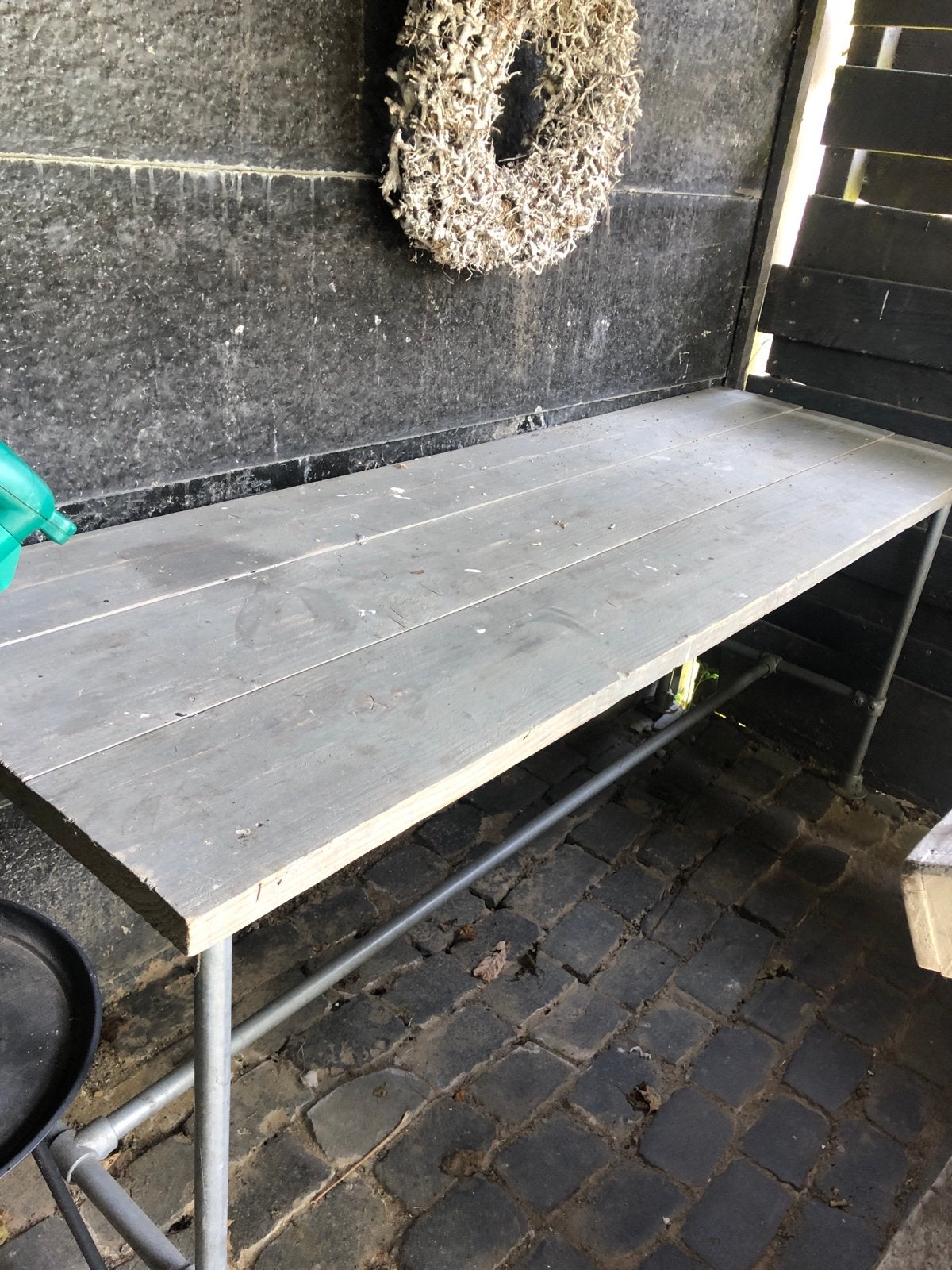 Steiger houten tafel op metalen onderstel, Ophalen, Gebruikt, Rechthoekig, Hout
