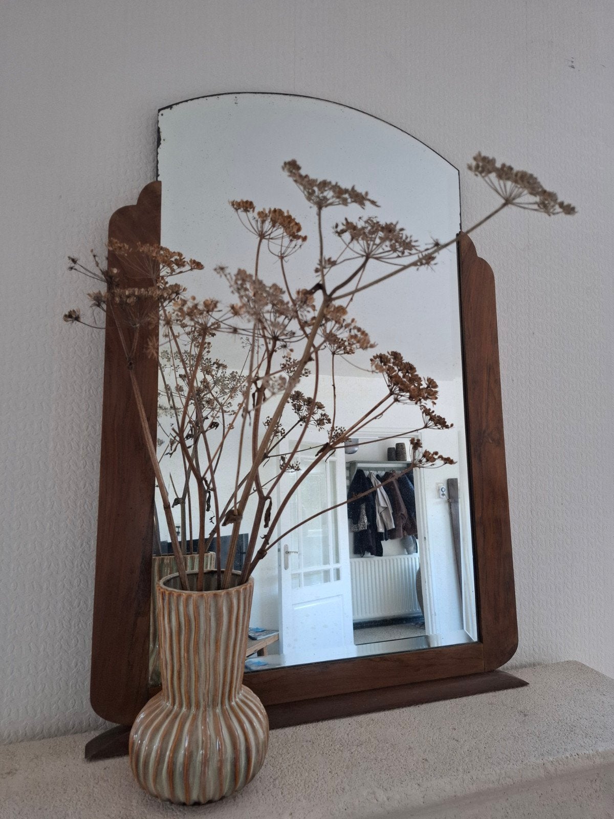 Vintage spiegel met houten lijst, schouw spiegel antiek, Ophalen, Overige vormen, 50 tot 100 cm, 100 tot 150 cm