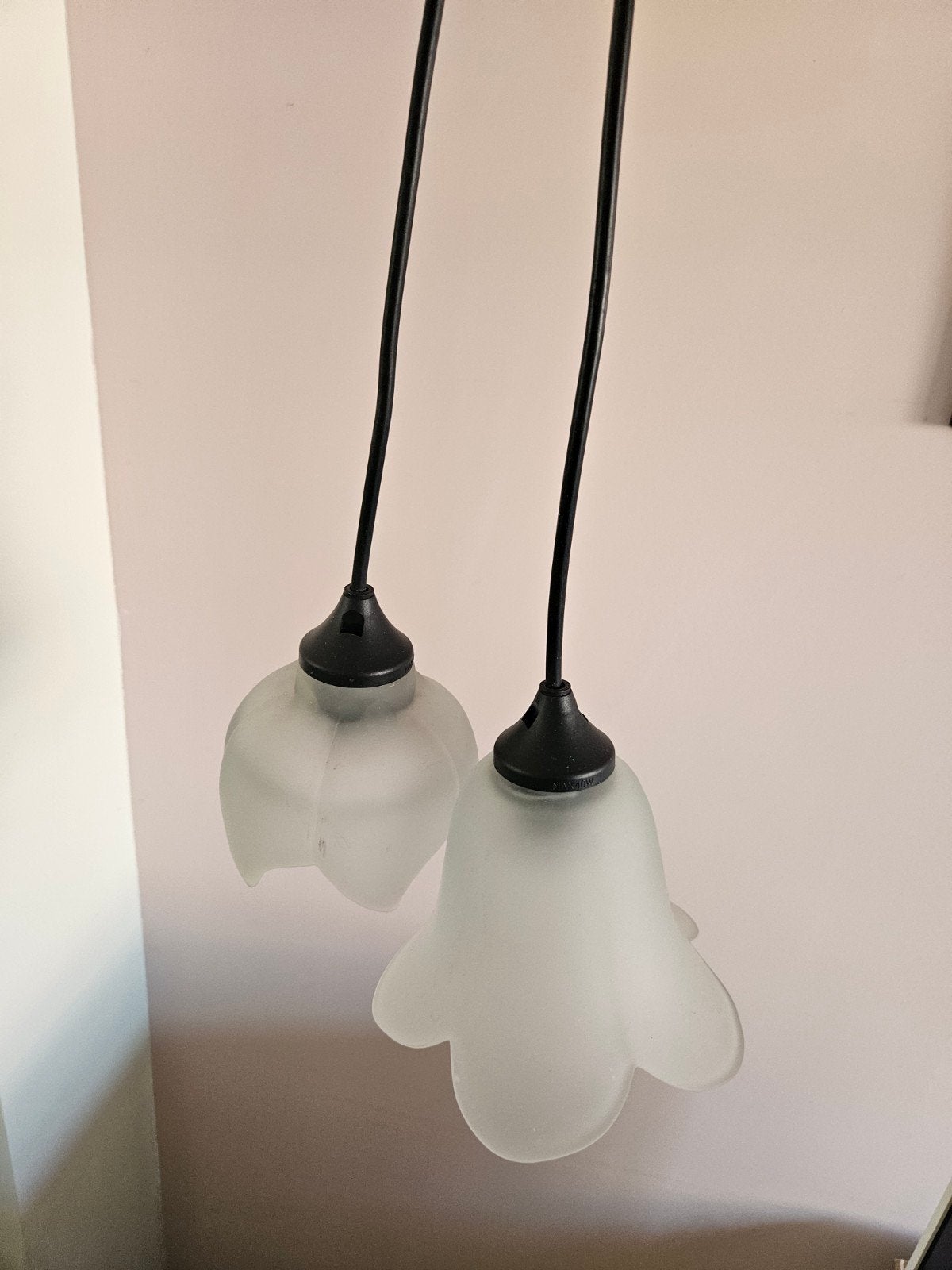 Set van 2 vintage hanglampjes met matglazen kappen, Gebruikt, E14 (klein), Ophalen of Verzenden, Glas