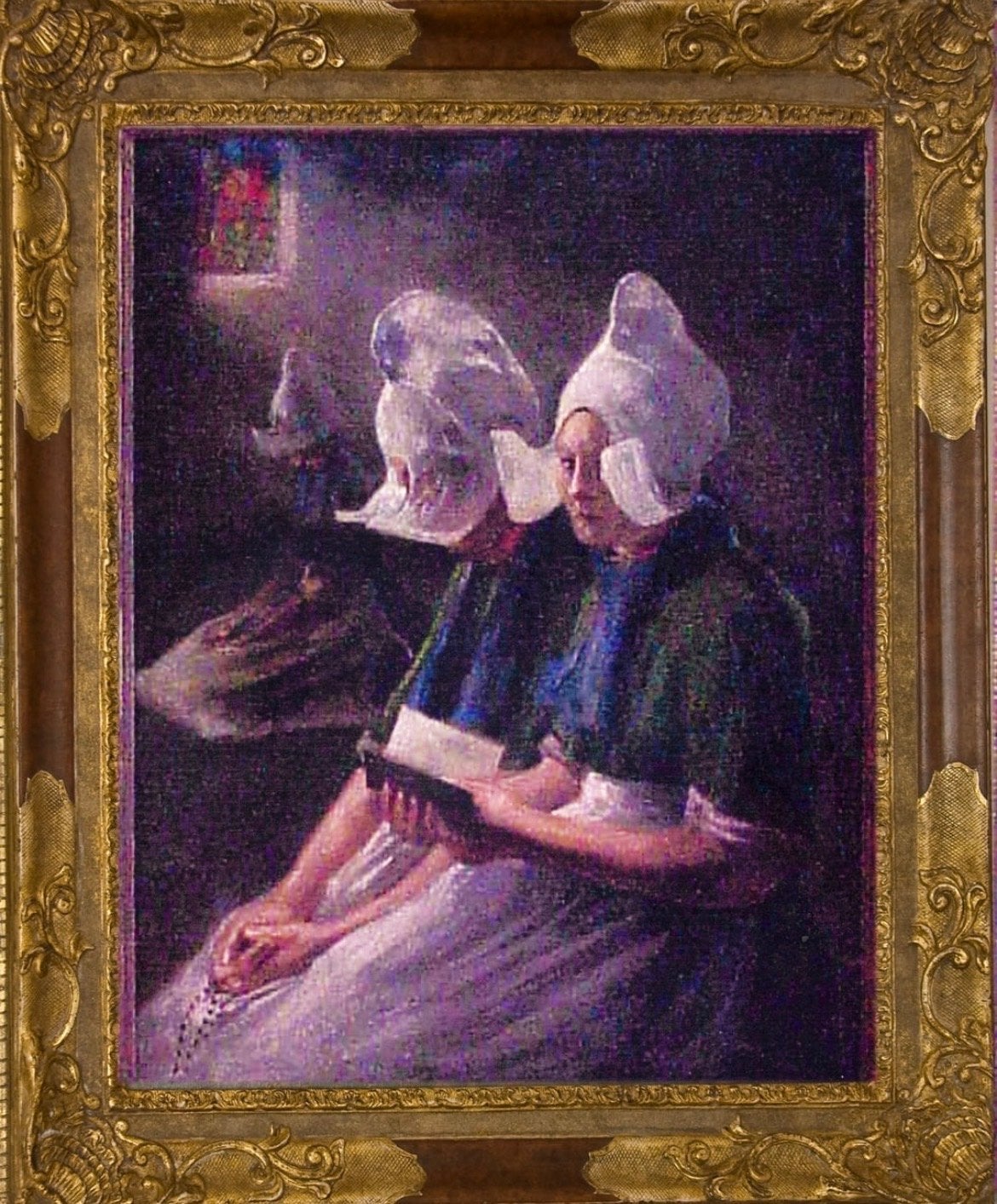 Volendamse biddende vrouwen in klederdracht, Antiek en Kunst, Ophalen, Doek, Portret of Personen, Gesigneerd