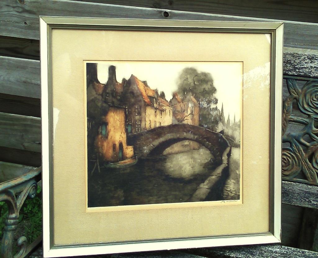 Ets Alfred van Neste Pont de l'hydromel te Brugge, Antiek en Kunst, 54 cm, Stadsgezicht, Ophalen of Verzenden, Origineel