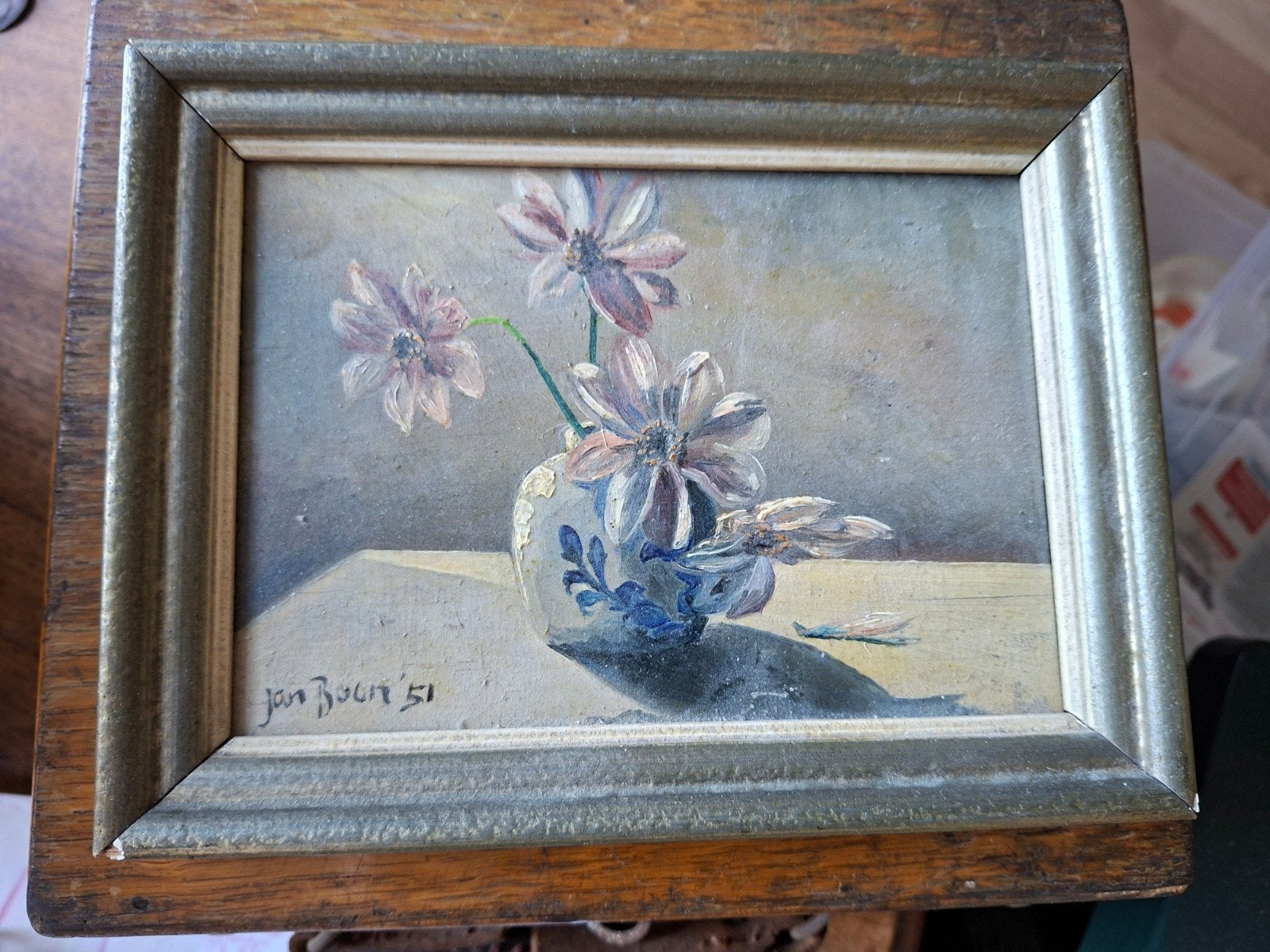Schilderij Jan Boon 1951 - Bloemen in vaas, Paneel, Realistisch, Stilleven, Ophalen of Verzenden