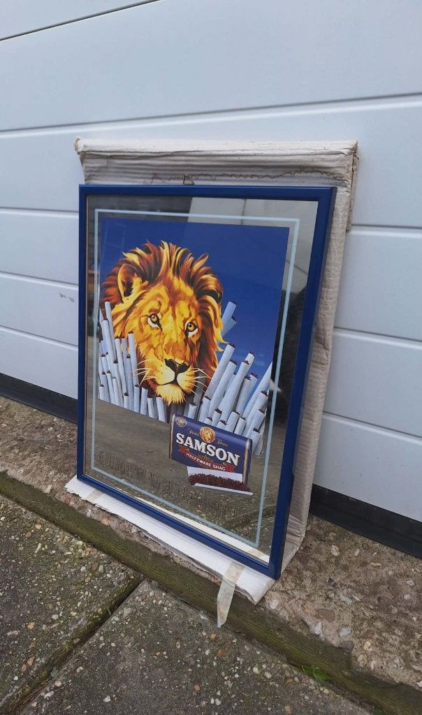 Vintage reclame spiegel van Samson halfzware shag., Ophalen, Reclamebord, ., Zo goed als nieuw
