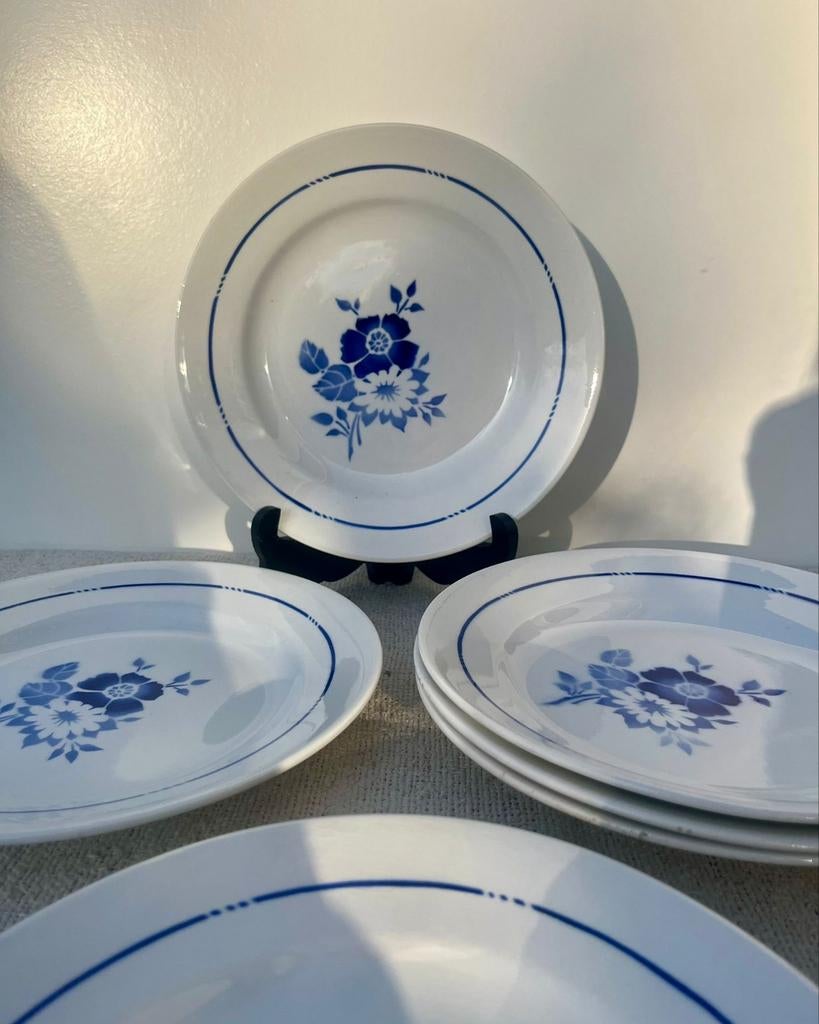Set van 6 vintage borden St. Amand blauwe bloemenpatroon, Ophalen of Verzenden